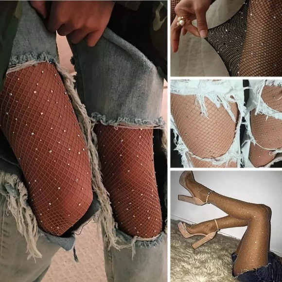 Fishnet lingerie stockings rhinestones nylons - Picture 3 of 4